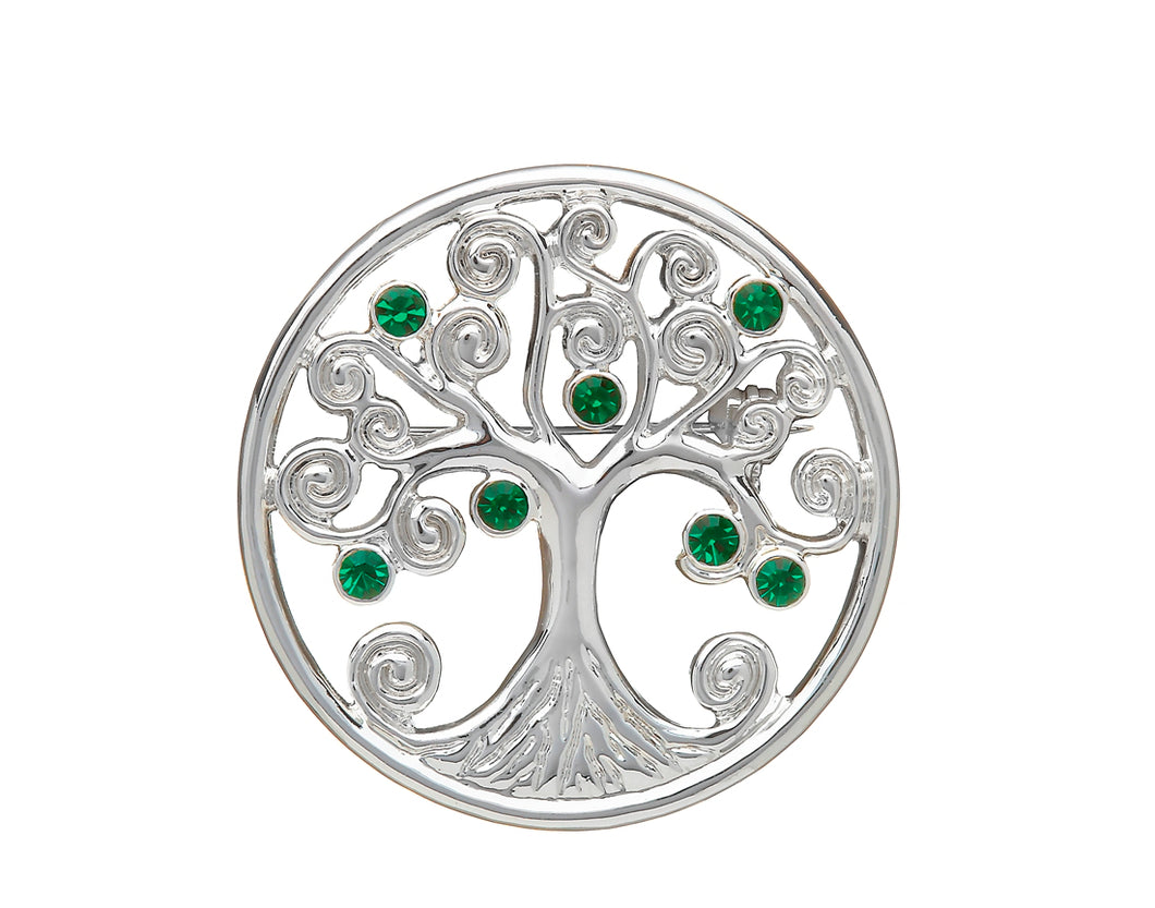 SILVER PLATE TREE OF LIFE BROOCH ONLY GREEN STONES