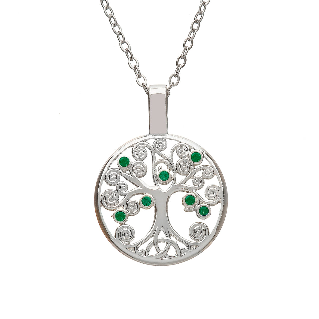 SILVER PLATE TREE OF LIFE PENDANT WITH GREEN CZ